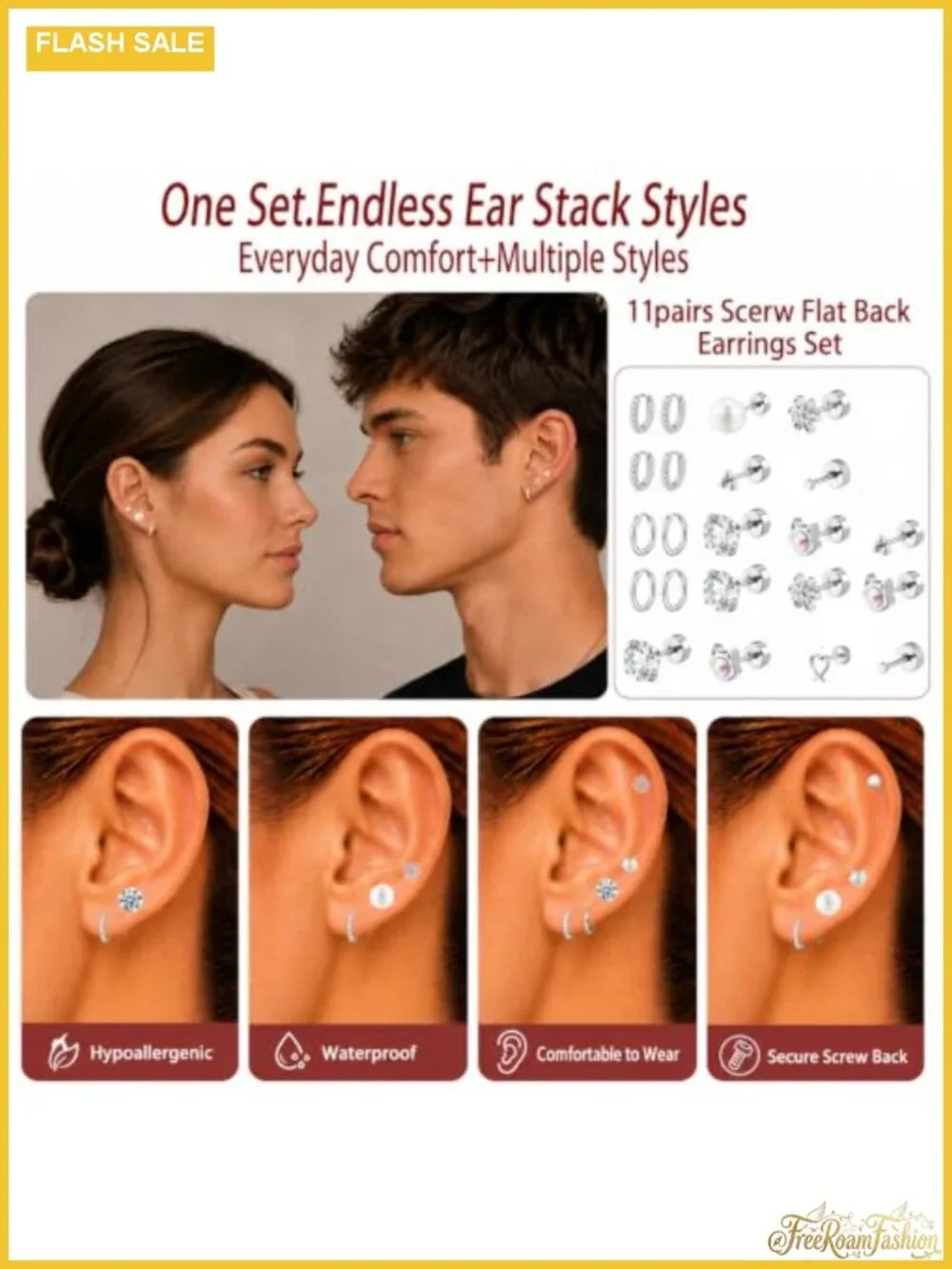 11 Pairs Flat Back Screw Back Stud & Hoop Earrings Set Surgical Steel for